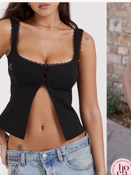 House of CB Tops - House of CB  Noura Black Lace-Trim Button Front Crop Top